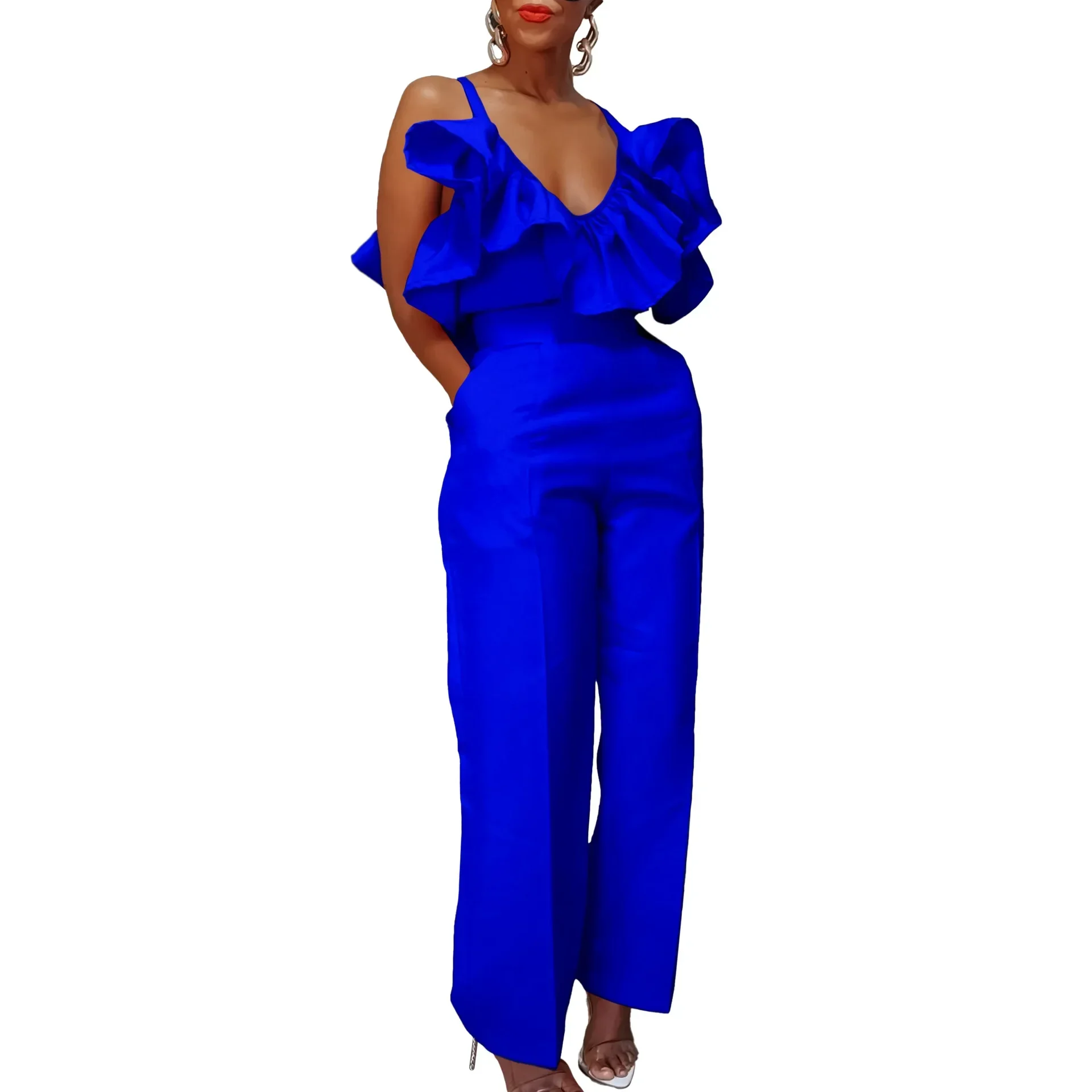 

2024 Africa Clothes for Women Summer Elegant V-neck Sleeveless 2 Piece Top Long Pant Matching Sets Outfits S-3XL Africa Clothing