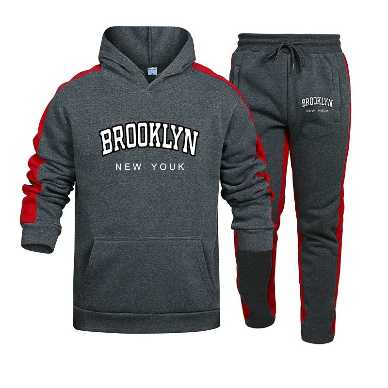 

Jogging Mens Tracksuit Brooklyn Print Hooded Sweatshirt+Sweatpants 2 Piece Set Casual HighQuality Hot Sales Sports Trend Outfits