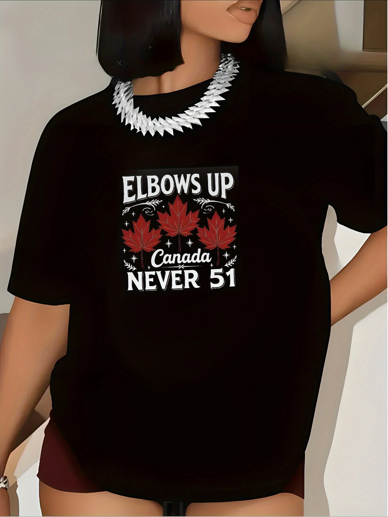 تي شيرت أسود بأكمام قصيرة مطبوع كاجوال متعدد الاستخدامات بنمط أوراق القيقب مطبوع عليه حروف كاجوال ملابس منزلية غير رسمية #1