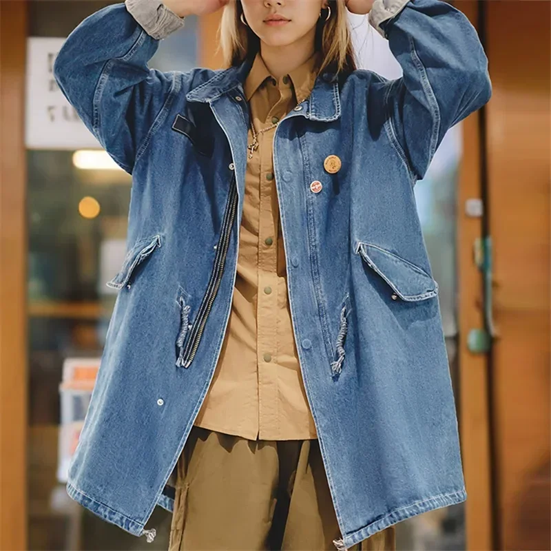 

Maden Women's Retro 12.8oz M65 Denim Jacket Loose Fit Blue Fishtail Windbreaker for Spring and Autumn Medium Length Chore Coat