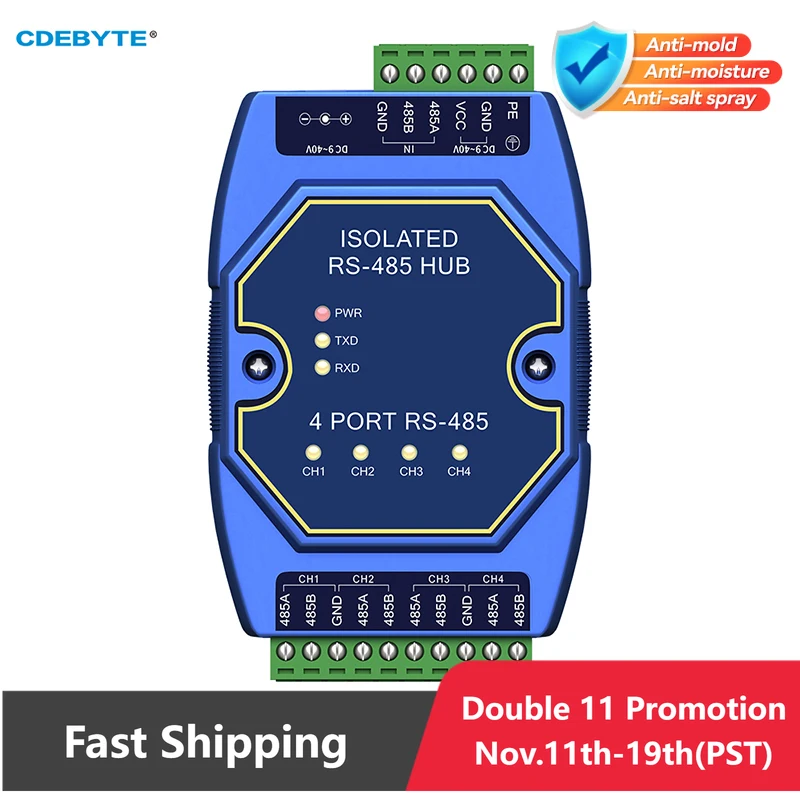 Industrial 4-way Cache RS485 Hubs Photoelectric Isolation DC8-28V CDEBYTE E810-R14 ESD Protection Power and Signal Isolation