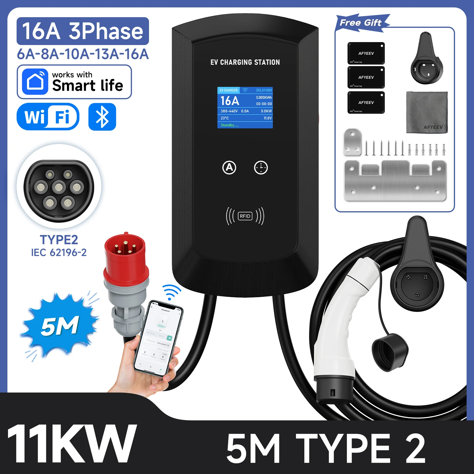 JNTAFEV 11KW 16A Type 2 EV-lader 32A 7.6KW/22KW Elektrische Autolader 1/3-fasig Oplaadstation Wallbox WiFi APP-besturing
