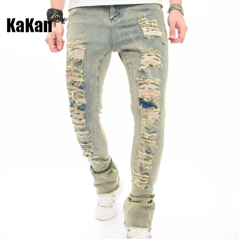 Kakan - European and American New Micro La Cat Whisker Jeans for Men, Yellow Mud Trendy Men's Pants Jeans K49-909