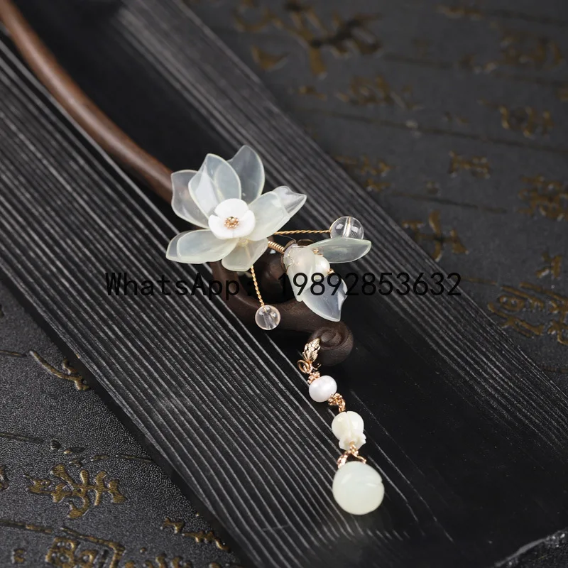 

FS New Chinese Ebony Hairpin Handmade Flower Hanfu Ancient Clothing Classical Hairpin Tassel Step Shake