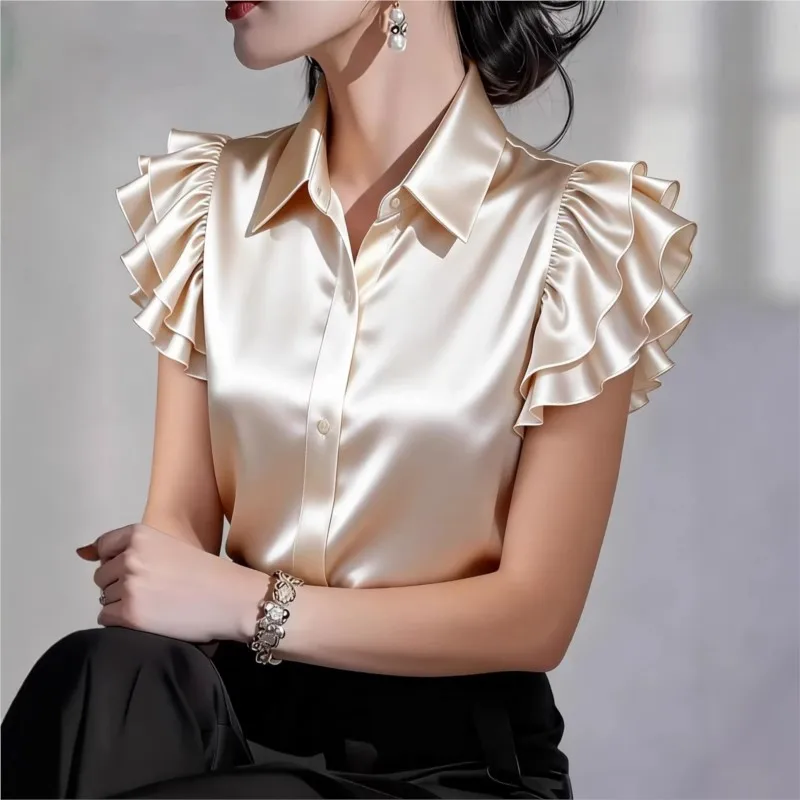 

Casual Ruffle Short Sleeve Blouse 2026 Spring Summer Turn-down collar Silk Satin Shirt Tops for Woman Clothing New Office Lady