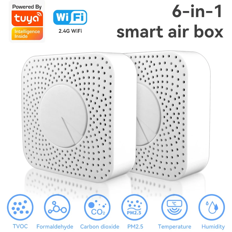 Tuya Smart Home WiFi Smart Air Box Gas Leak Sensor Security Protection Alarm CO2 VOC HCHO PM2.5 Air Quality Monitor for Alexa