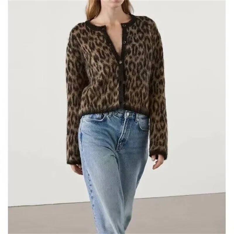 American Retro Brown Leopard Print Round Neck Knitted Cardigan Women\'s Single Breasted Short Sweater Jacket