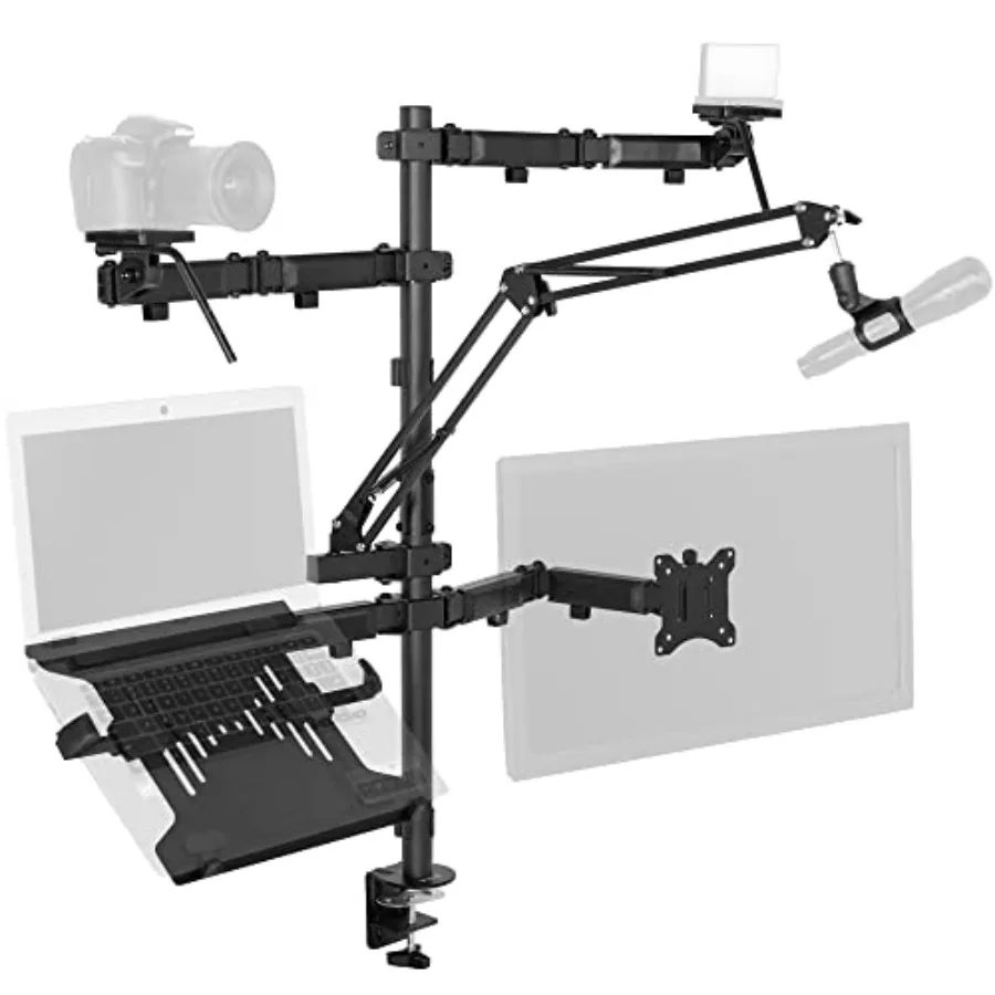 

All-in-One Computer Studio Desk Mount Mic Boom with Dual Monitor Arm up to 32 inches Laptop Stand Livestream Support for Camera