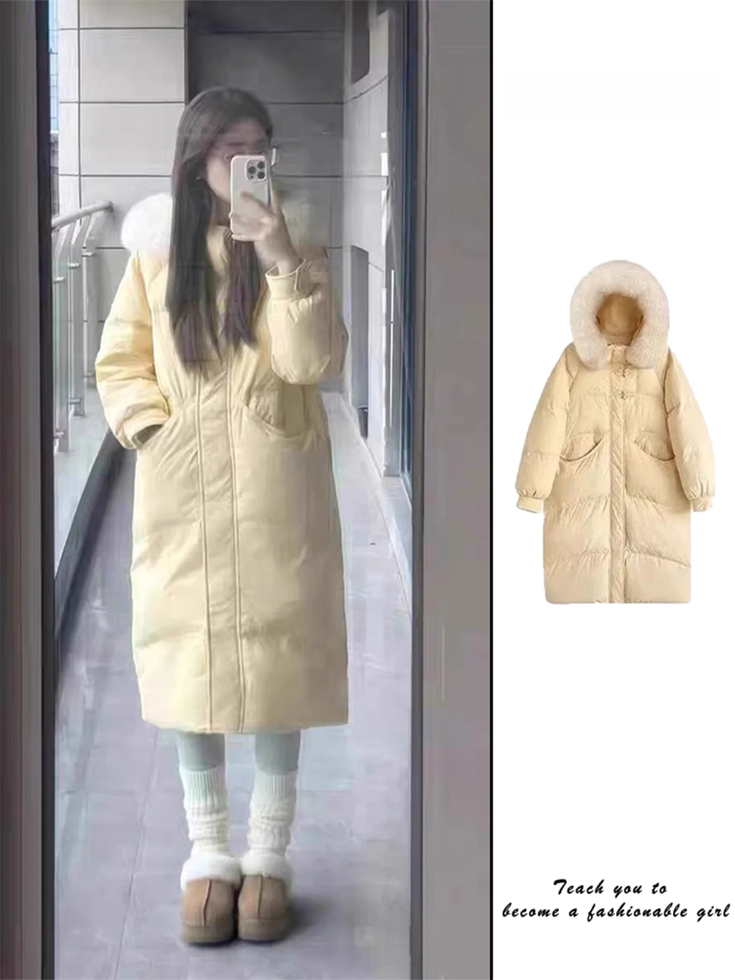 

Korean Sle Women's Thiened Winter Coat Yellow down Cotton Jaet Long over Knee Fur Collar Warm Cotton Padded Outerwear
