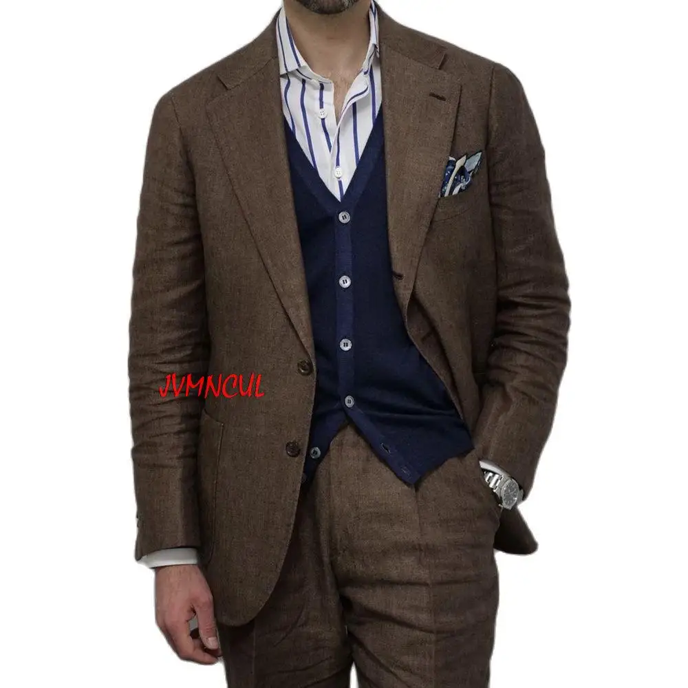 Traje de lino de 2 piezas para hombre, chaqueta ajustada de un solo pecho, conjunto de Blazer de café marrón, chaqueta de caballero con pantalones,