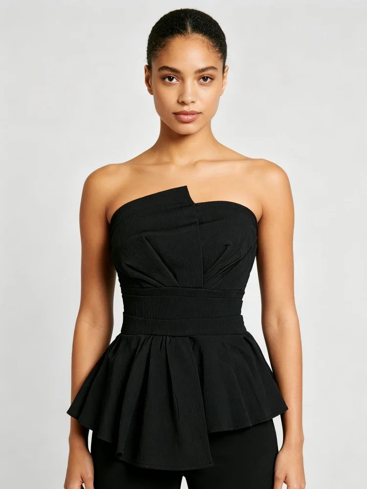 Women's Off Shoulder Top Irregular Waistband Shirt Sleeveless Peplum Blouse Elegant Black Suitable for Parties and Dates
