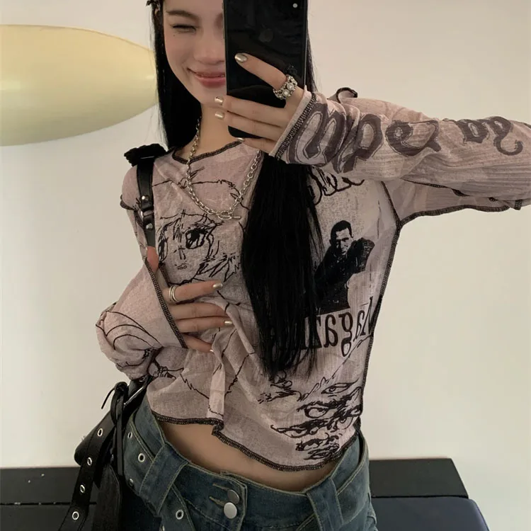 

Pink Sweet Spicy Girl Shoulder Length Sleeve T-Shirt Women Summer Short Print Lace Base Shirt Sun Protection Inner Ice Silk Top