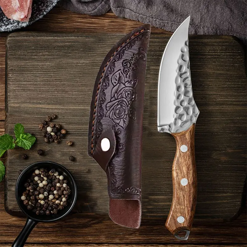 Sharp Meat Cleaver, Paring Knife, Steel Blade and Wooden Handle, Suitable for Family Camping Hiking Barbecue