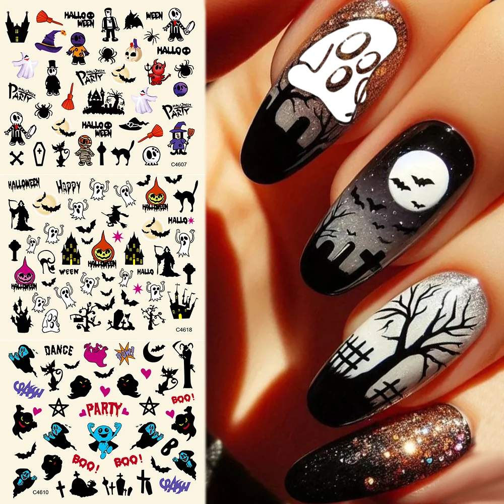 24pcs/Set Halloween 3D Nail Art Stickers Demons,pumpkins,bats,ghosts,skulls Nail Decals Y2K All Saints' Day Manicure Nail Slider