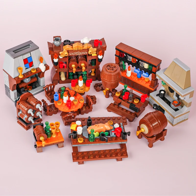 MOC Medieval Military Castle Wine Barrel Bar Furniture Building Blocks Street View Pub Table Roast Chicken Fireplace Bricks Toys