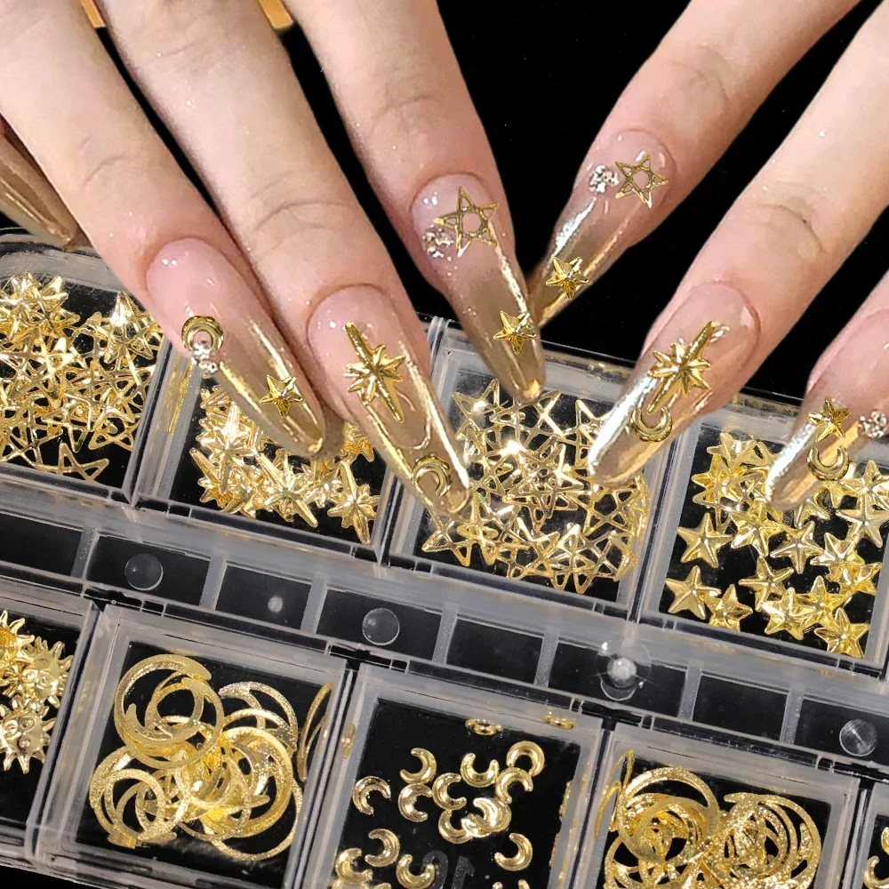 ゴールドカラーの3Dネイルアートデコレーション,マニキュアアクセサリー,ハートフレーム,メタルジュエリー,月,星,幾何学,日曜大工,12グリッド