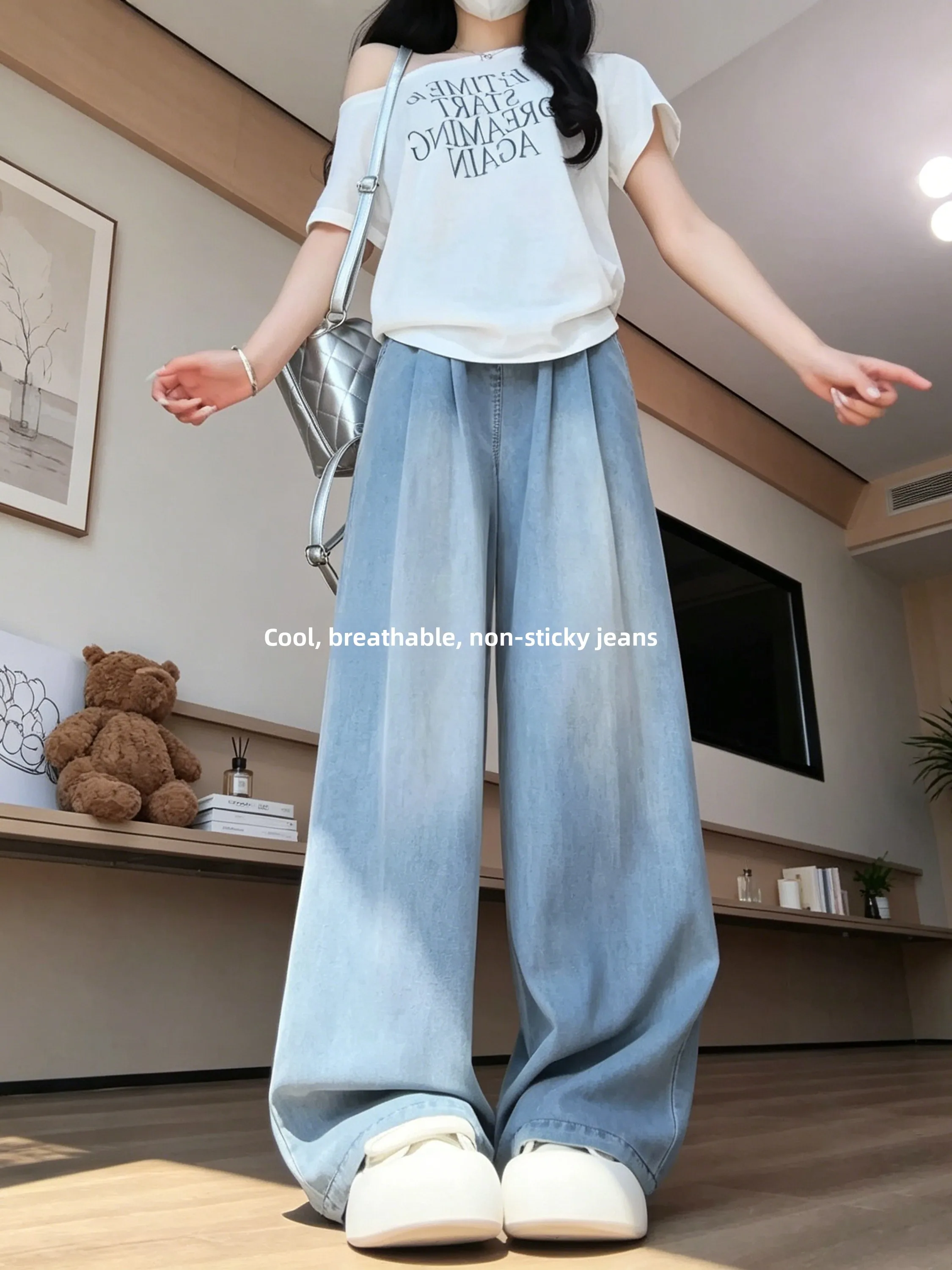 

Retro Blue Elastic Waist Denim Pants Women Summer Thin Straight Loose Slim Wide Leg Pants Commute Style High Waist