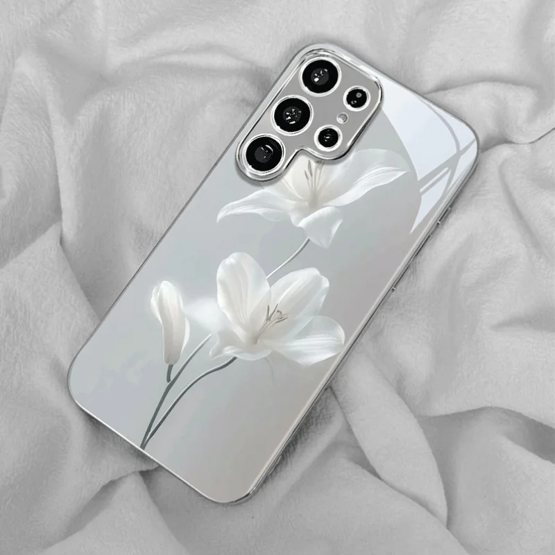 Чехол для телефона Qinglan с белым цветочным узором, стеклянный, для Samsung Galaxy S26 S25 S24 S22 S21 S20 FE/Ultra/Plus, противоударный