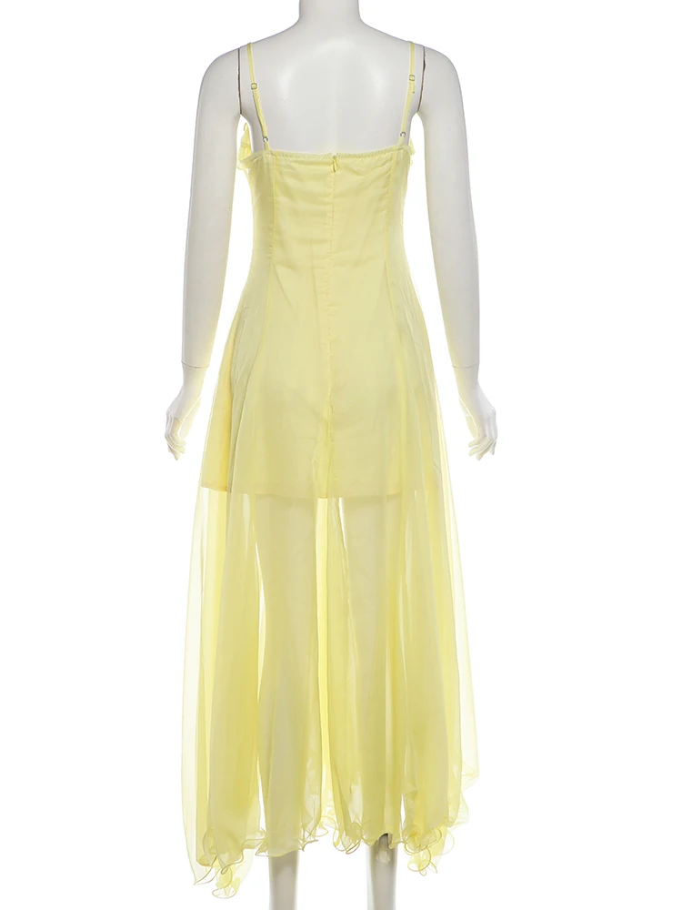 Nibber Irregular Hem Patchwork Maxi Dress Women Low-Neck Ruffles Sleeveless Skinny Summer Elegant Chic Birthday Party Vestidos