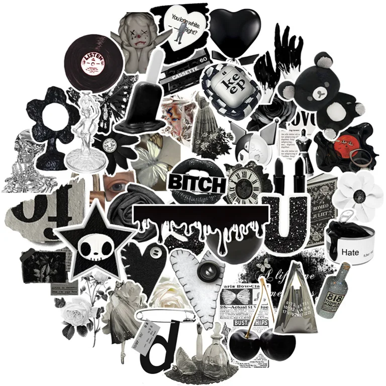 50 buah hitam dan putih pusat kota anak perempuan estetika Y2K stiker DIY buku tempel telepon bagasi Skateboard stiker tahan air
