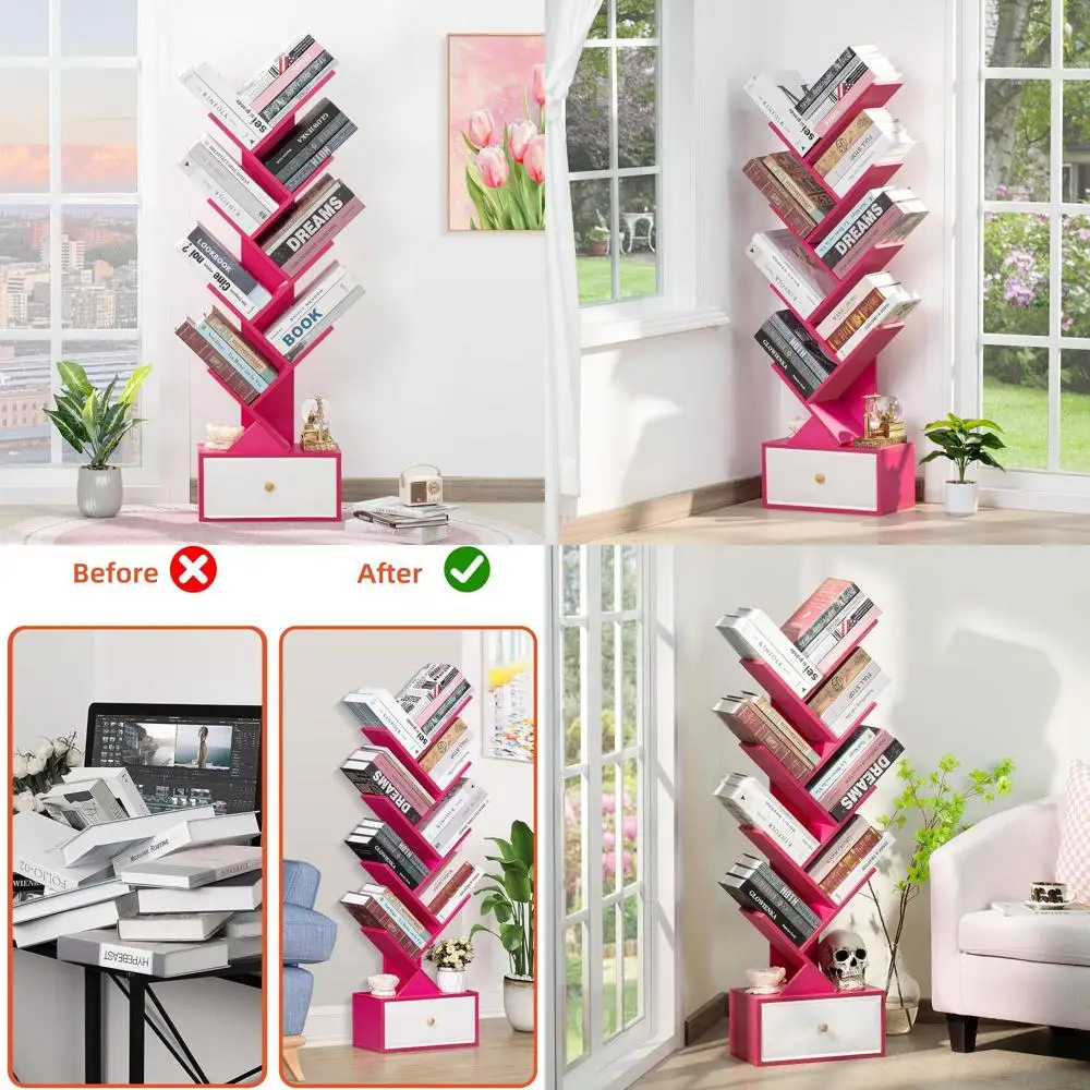 

Pink Freestanding 8-Tier Wooden Bookshelf with Drawer, Compact Storage Organizer for Books, Ideal for Home Office, Living Room,