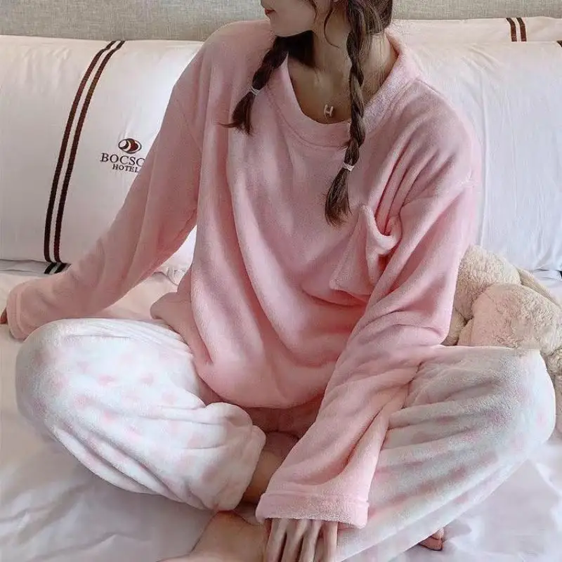 Kawaii Sanrio Anime Hobby Cinnamoroll Cartoon Girl Coral Velvet Thickened Warm Pajamas Two-Piece Home Wear Set