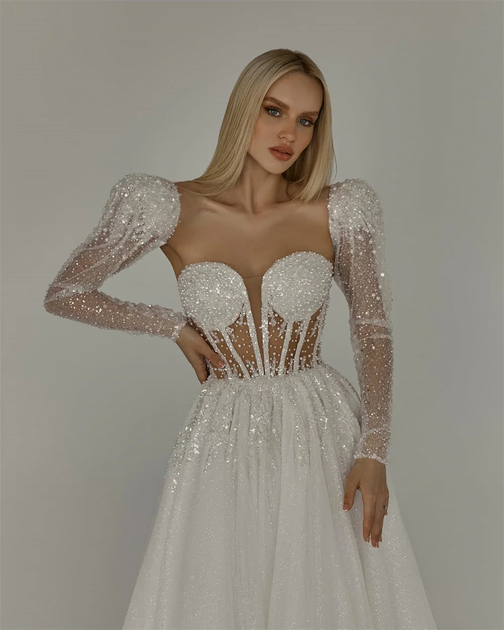 Sansa Elegant Long Sleeve A-line Wedding Dress Shiny Sequins Vestidos De Novia Sweet Fishbone Ball Gown Robe De Mariée