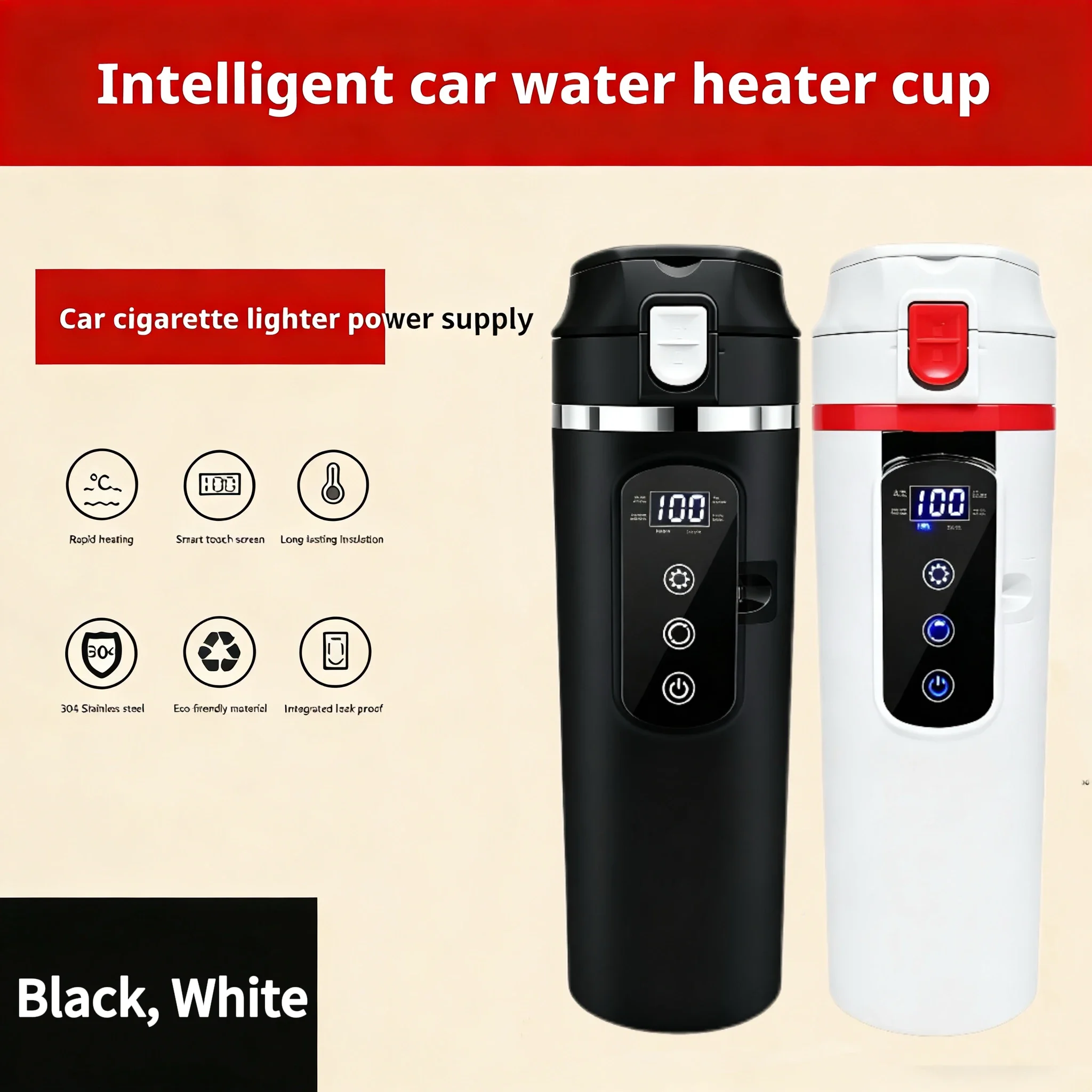 12V/24V Universal Car Electric Kettle Portable Smart Constant Temperature Heating Cup 500ML with 304 Stainless Steel Inner Liner