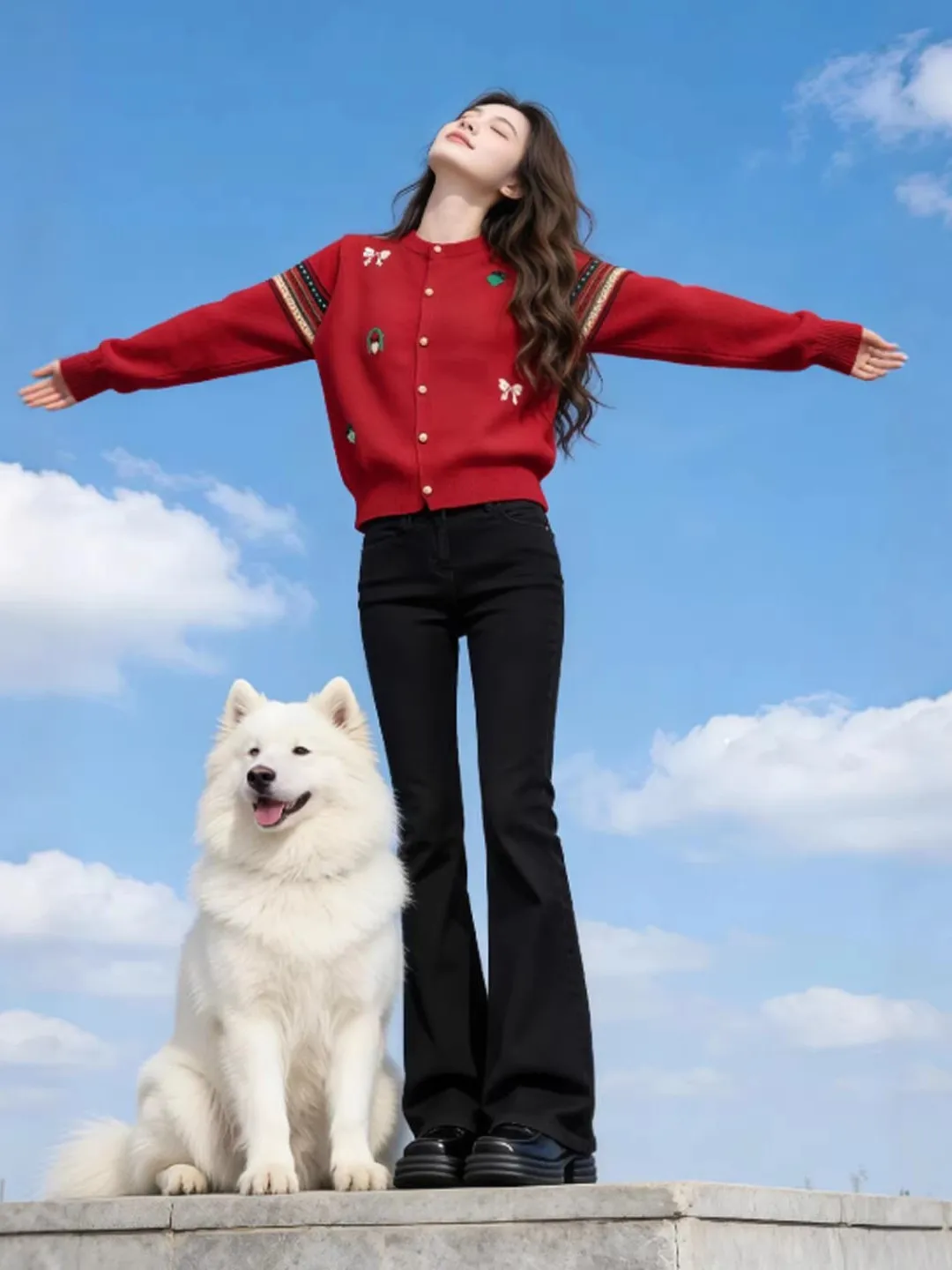 

Теплый вязаный кардиган и комплект с широкими джинсами красного цвета для новогоднего повседневного образа. Удобный трикотаж средней плотности.