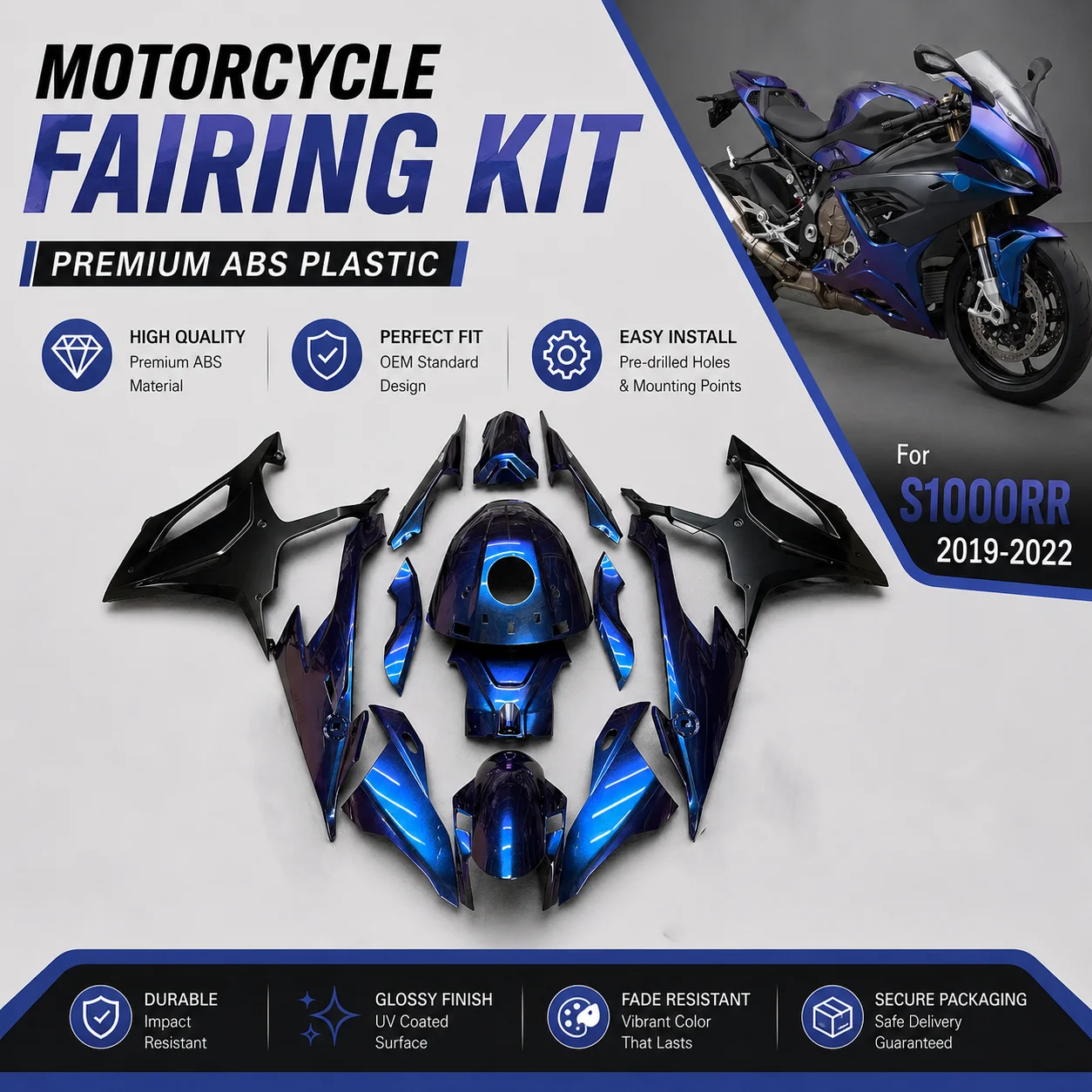 

Pre-Drilled Motorcycle Fairings For BMW S1000RR 2019 2020 2021 2022 ABS Injection Bodywork Racing Cowl Cover Shell OEM Fit K67