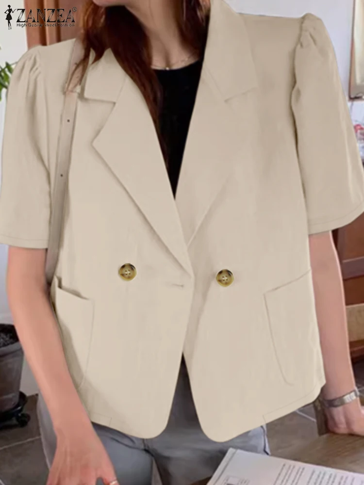 ZANZEA Moda Estate Manica corta Blazer Abiti Top sottili Donna Solid OL Camicetta da lavoro Elegante risvolto Collo Bottoni Camicia Oversize