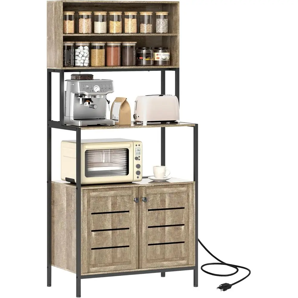 

Стеллаж для выпечки с электророзеткой, шкаф для кофейной зоны с полками для хранения, подставка для микроволновой печи с шкафчиком с жалюзийными дверцами, серый, под дерево
