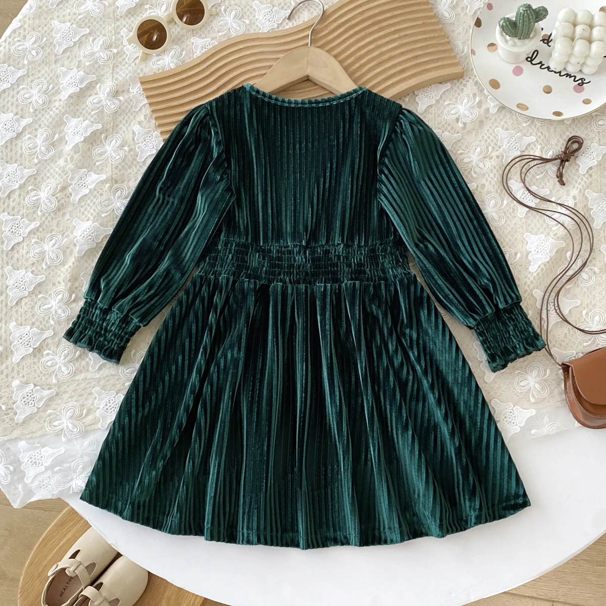 Kinderkleider für Mädchen, Herbst, Rundhalsausschnitt, Samt, Puffärmel, Freizeitkleid, Kinderkleidung, Mädchenkleidung – Detail 3