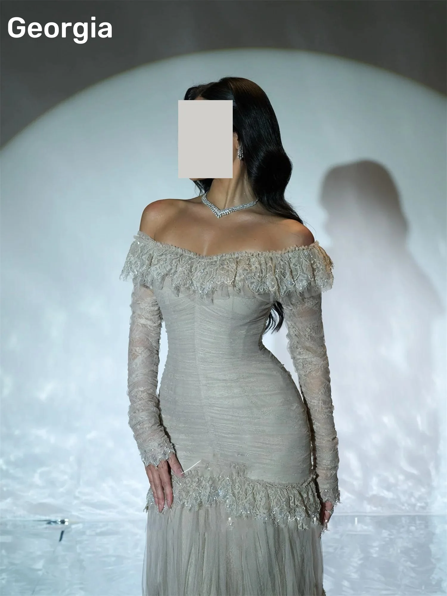Dubai فساتين سهرة Lace Off-The-Shoulder Neckline Floor-Length Prom Dress Women Zipper Up Long Sleeves Vestidos De Festa