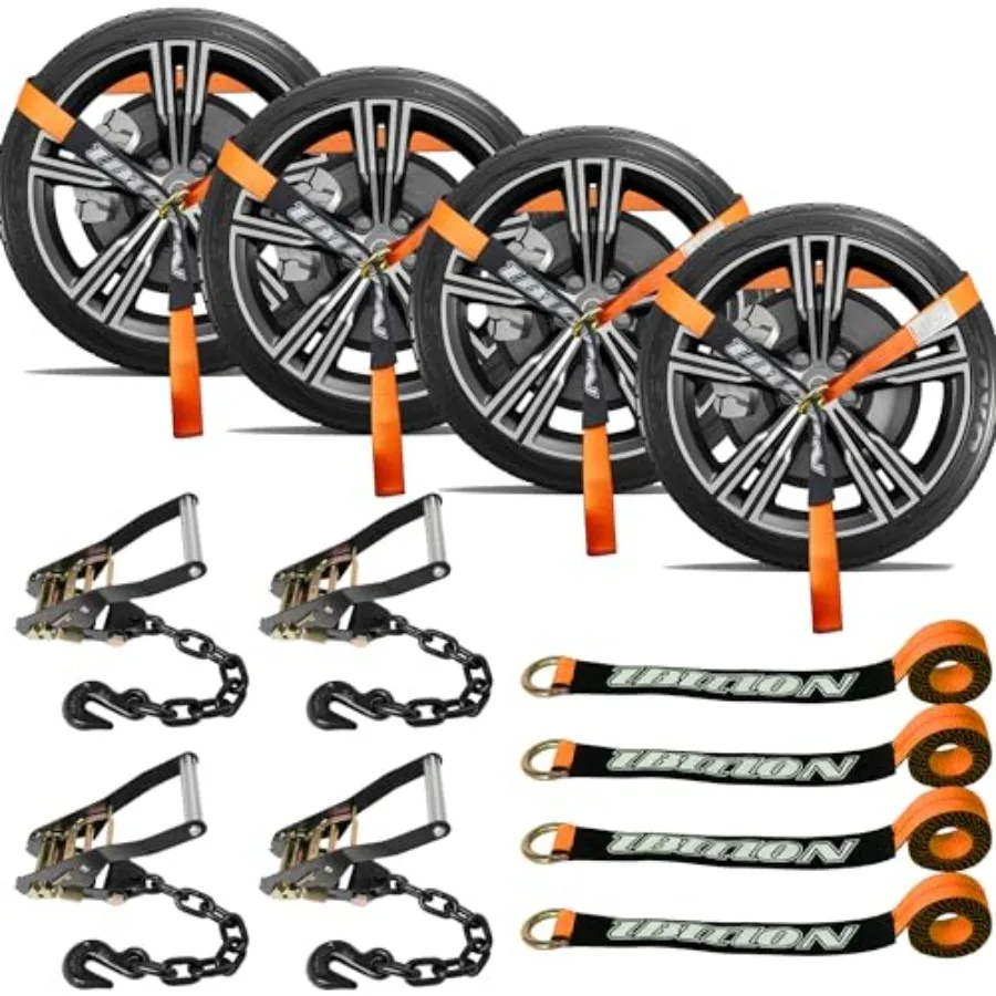 

4 Pack Car Tie Down Straps for Trailers with Heavy Duty Chain Anchors 2" x 96" - 3300 lbs Safe Working Load -Adjustable Wheel S