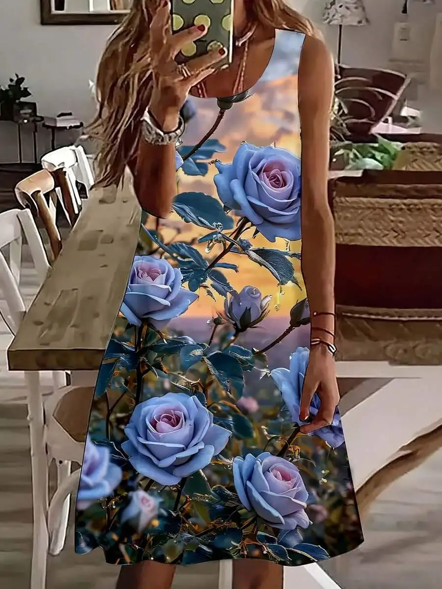 

Women Sleeveless Blue Rose Floral Print Summer Casual Dress