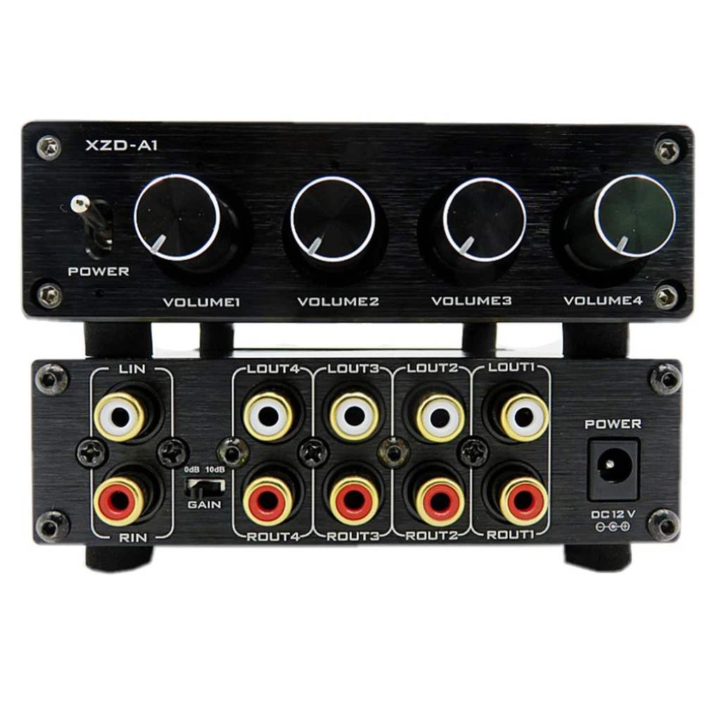 HIFI Lossless 1 Input 4 Output HUB Audio Distributor Signal Selector Switch Source Switcher Volume Amplifier(Black)