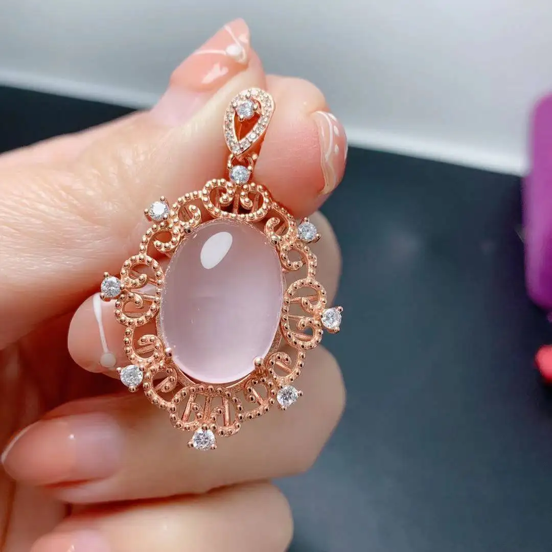 

Natural Rose Quartz Necklace Jewelry 13mm*18mm Set for Wedding Total 8ct Rose Quartz Pendant Set 925 Silver Jewelry