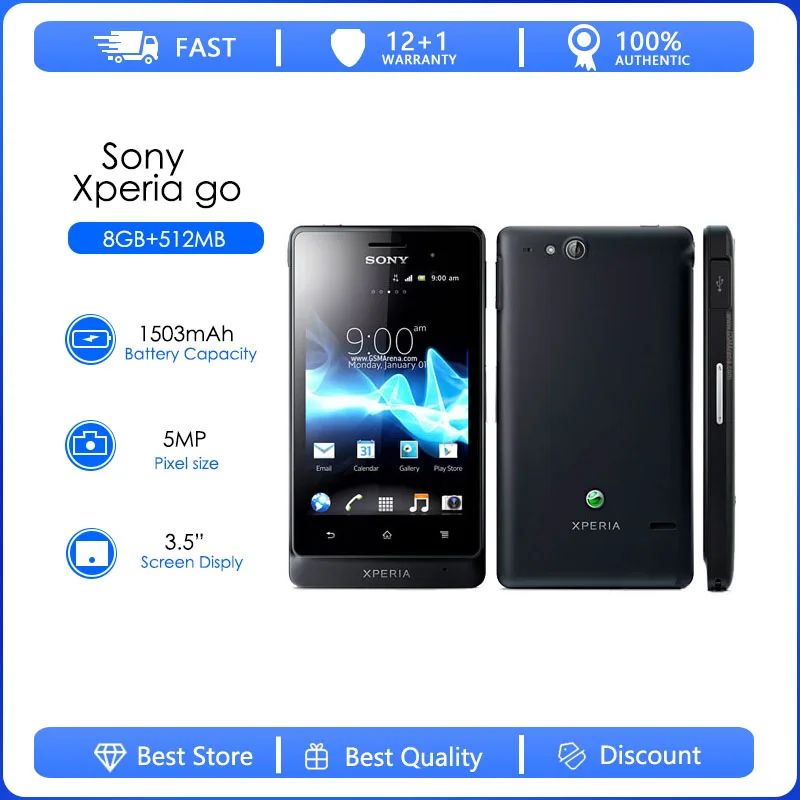 Original Unlocked Sony Xperia go 3G Single Sim 512MB RAM+8GB Dual-core 5MP 3.5'' 1305mAh Android 2.3 Stereo FM radio Smartphone