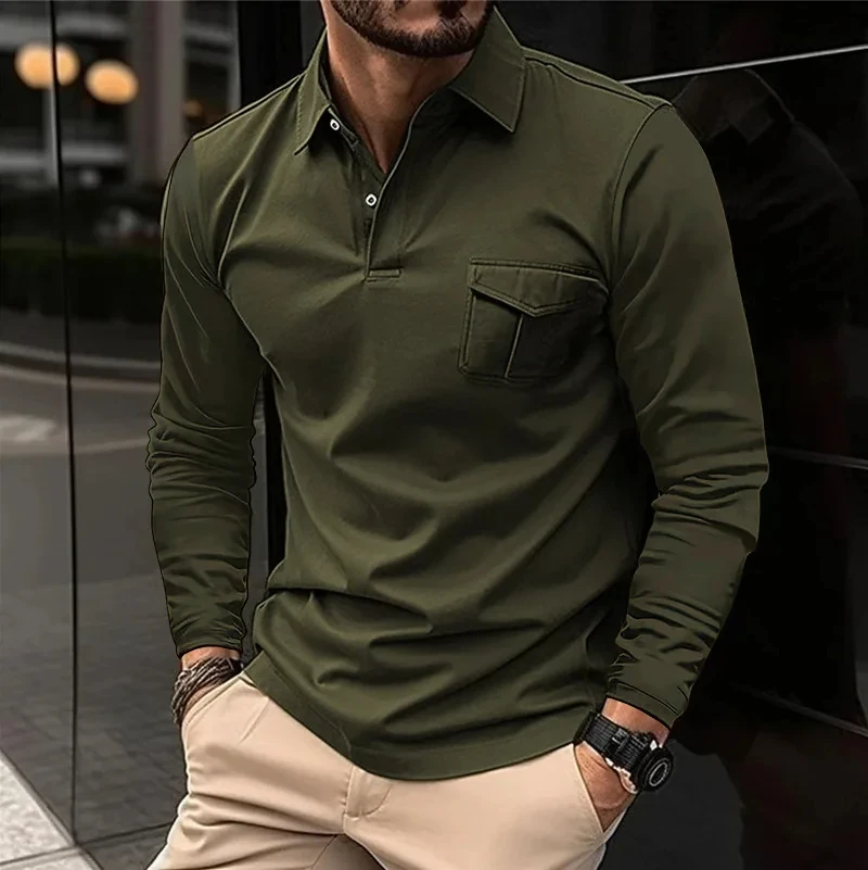 New Long Sleeve Men\'s Casual Loose Lapel Polo Shirt Solid Color Pocket Autumn Winter Sports Polo Shirt T-shirt