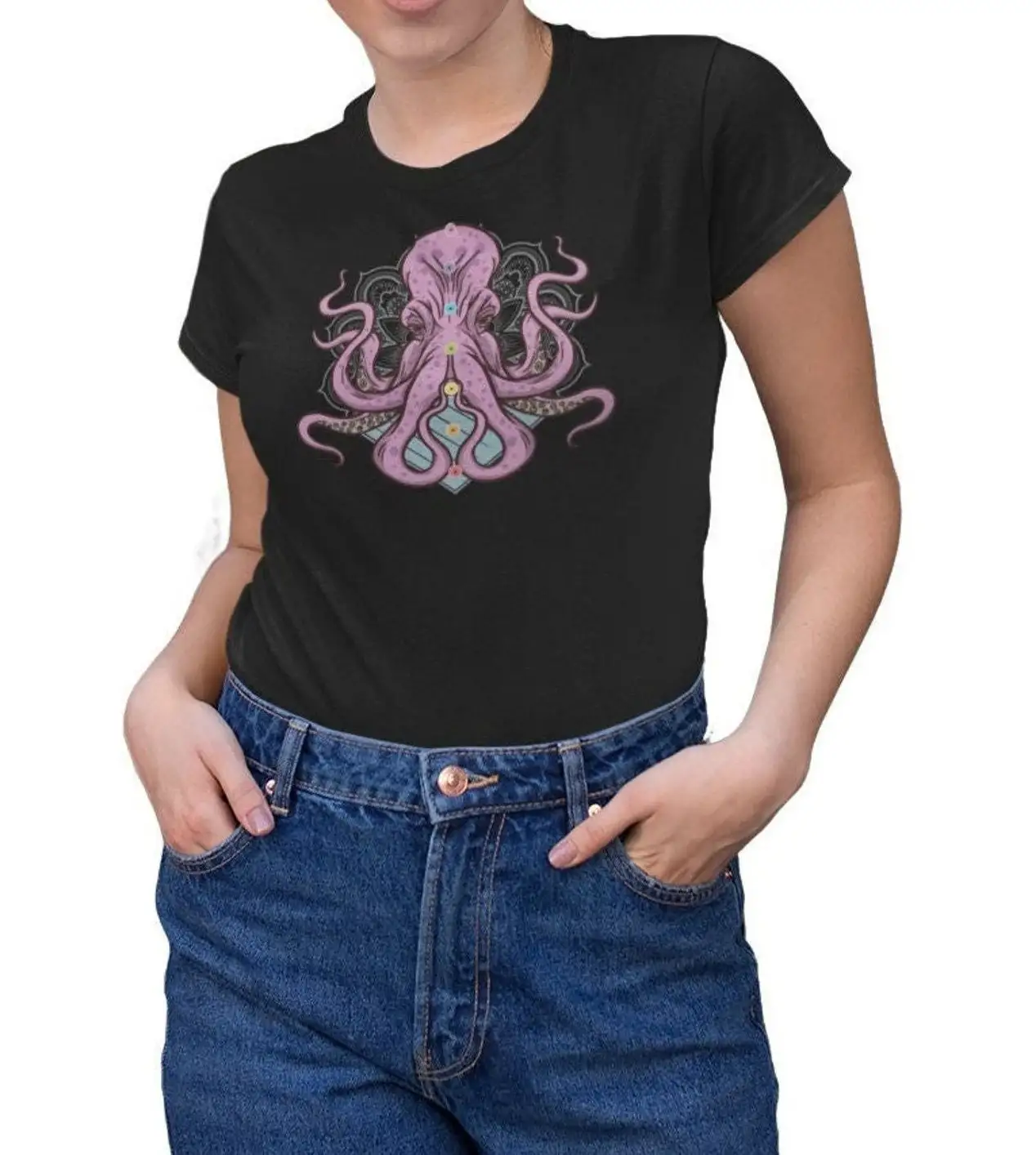 T Shirt Woman Octopus Mandala Trippy Sea Creatures Women'S Psychodelic Alternative Goa Print