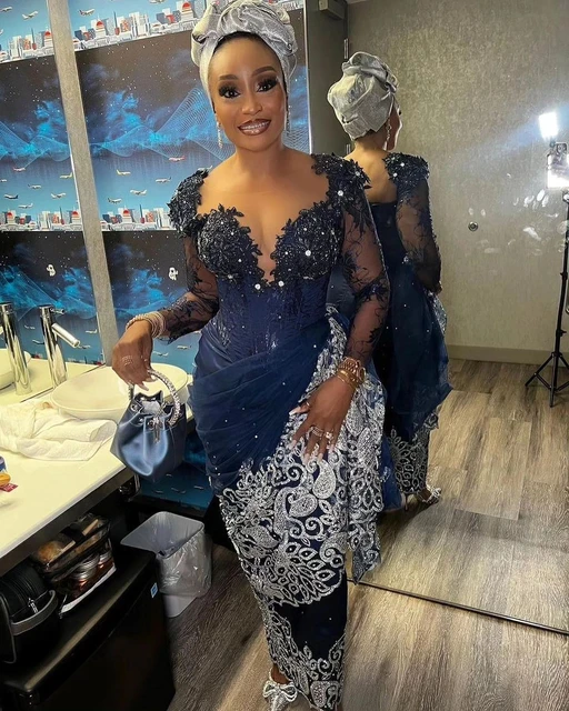 Robe de Bal Africaine NigWin Bleu Fonce Tenue de Soiree Nigeriane en Dentelle Faite a la Main avec Perles Style Aso Ebi pour Invites de Mariage AliExpress