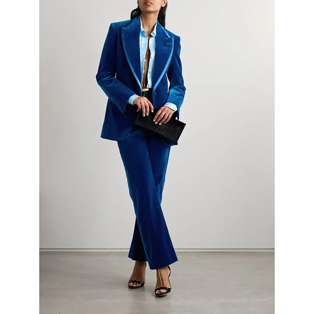 Luxury Blue Women Pants Sets With Blazer Blue Single Breasted Peak Lapel Slim Fit Female Clothing Luxury Office Lady Outfits