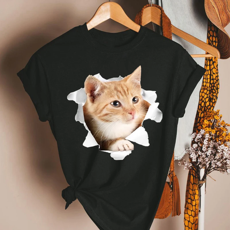 

Summer T Shirt Women Naughty Cat Lovely Printing T Shirts O-Neck Harajuku Short Sleeves T-shirts Women Tops Tee