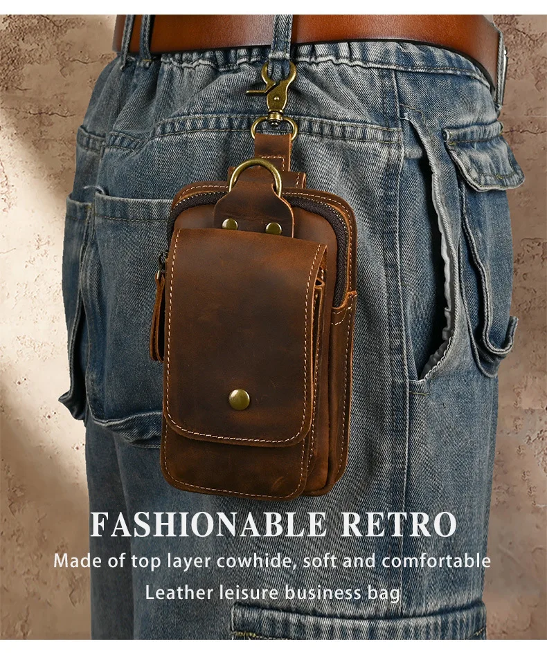 

Retro crazy horse leather Fanny pack wear belt waist hanging purse multi-function 7 inch mobile phone storage work Fanny pack