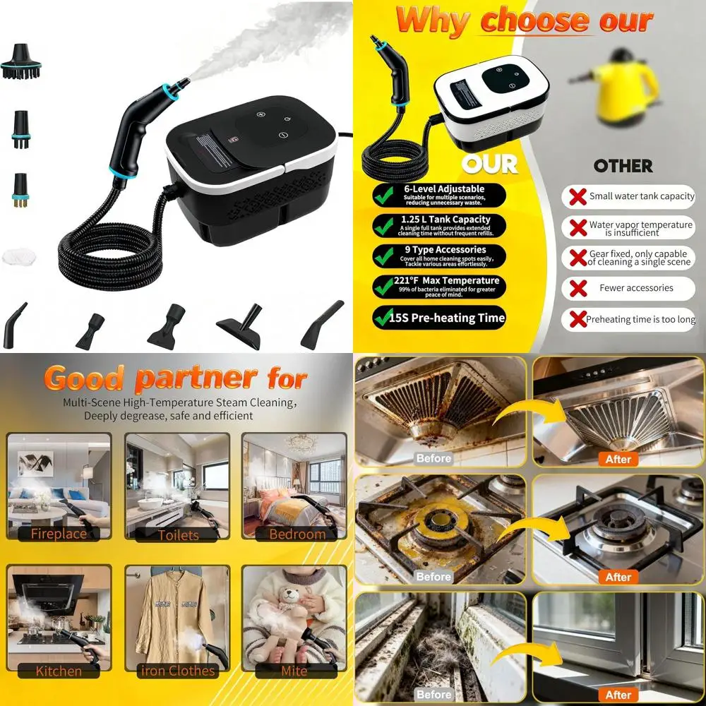 

Portable High-Pressure Steam Cleaner, 42oz Tank, Quick Heat, 6 Modes, Multi-Surface for Home & Car