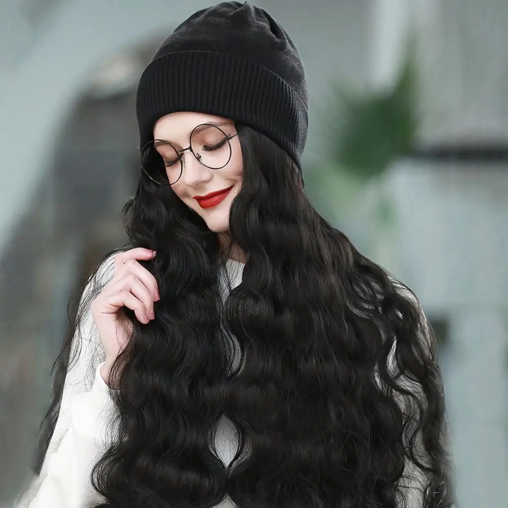 Long Curly Wig Hat Winter Beanie Hat Women Wavy Synthetic Hair Extension Hat Knit Skull Women Wig Hats Synthetic Wigs Hats