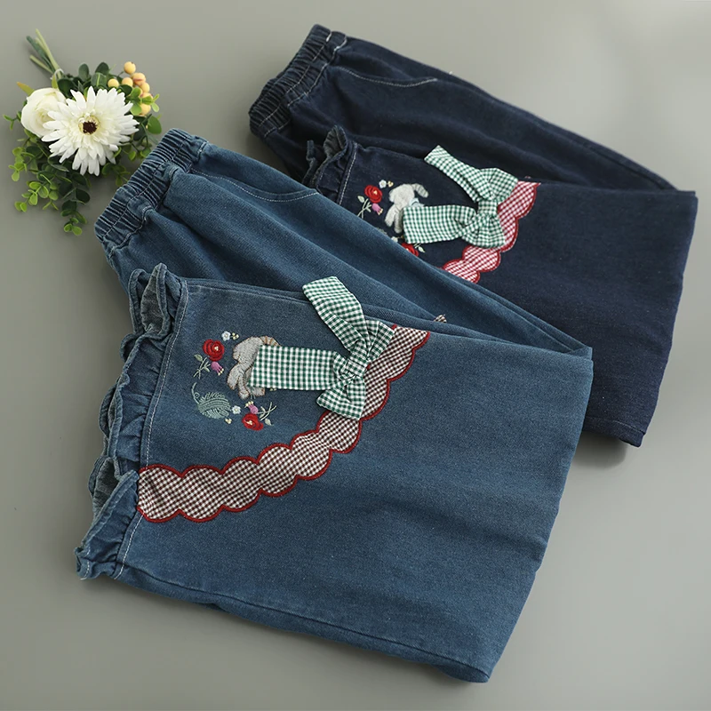 اليابانية الحلو موري فتاة خمر القوس منقوشة التطريز المرقعة الدنيم السراويل النساء الربيع مرونة الخصر جينز مستقيم غير رسمي