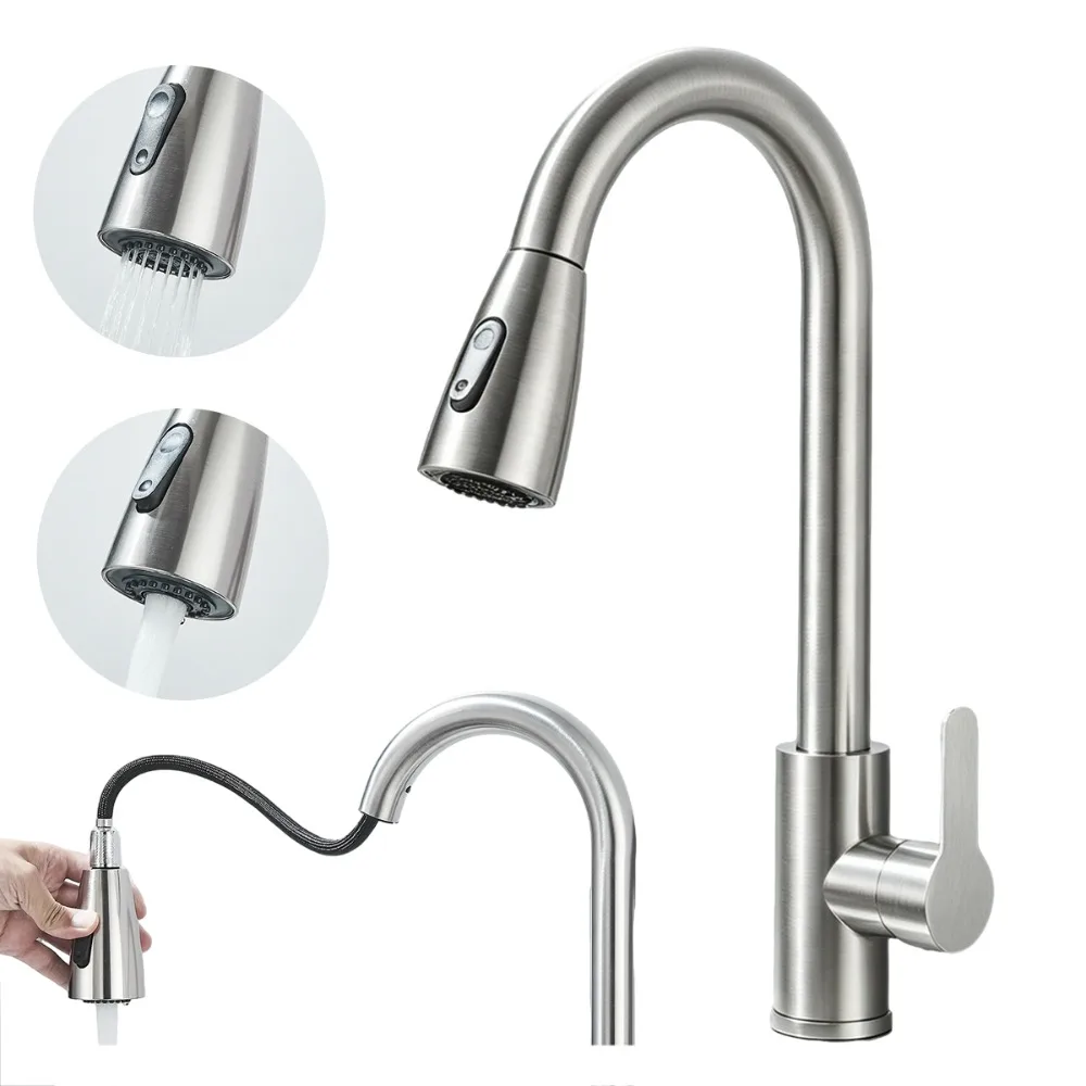Pull Out Kitchen Sink Faucet Two Model Stream Sprayer Nozzle Stainless Steel Hot Cold Wate Mixer Tap Deck