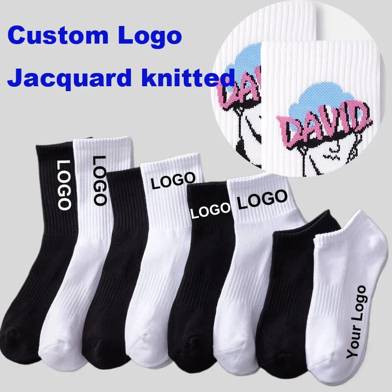 OEM custom logo socks crew men tube calcetines Customize jacquard knitted cotton sport athletic socks